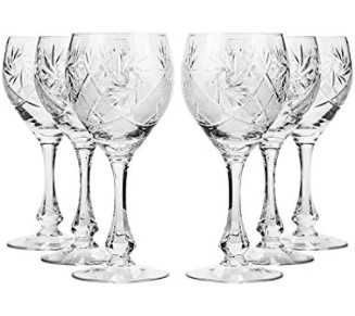 Set of 6 Glassworks, 10-Oz Hand Made Vintage Russian Crystal Wine Glasses, Cut Crystal Goblets on a Stem, Old-fashioned Glassware