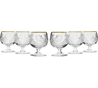 GB5290G, 10 Oz. Crystal Hand-Made Brandy Glasses with Gold Rim, 24K Gold-Plated Scotch Whiskey Cut Crystal Snifters on a Stem, Wedding Gift Drinkware, Set of 6