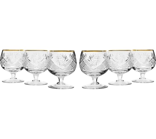 GB5290G, 10 Oz. Crystal Hand-Made Brandy Glasses with Gold Rim, 24K Gold-Plated Scotch Whiskey Cut Crystal Snifters on a Stem, Wedding Gift Drinkware, Set of 6