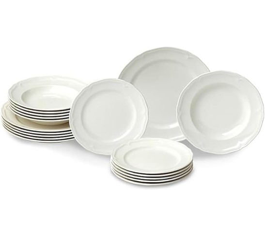 Manoir 18-Piece Dinnerware Set, Plates & Bowls, Premium Porcelain, Made in Germany, White