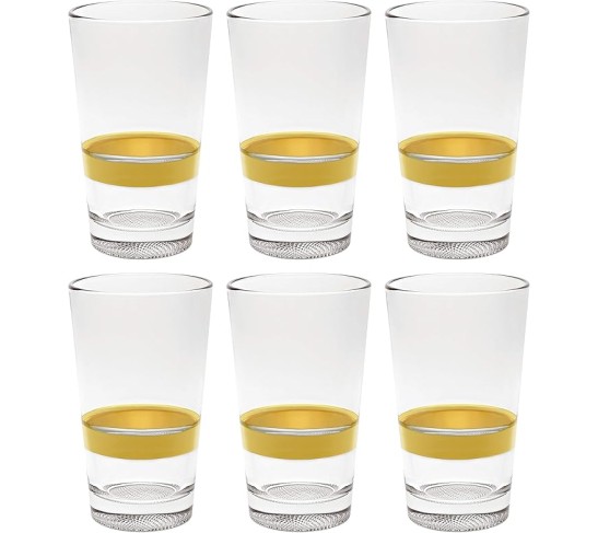 - European Qualty Glass - Set of 6 - Hiball Tumbler- With Gold Band - Stackable - Won't Get Stuck - Artistically Designed - Highball Glasses are 14.2 oz. - Made in Europe