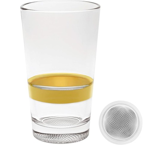- European Qualty Glass - Set of 6 - Hiball Tumbler- With Gold Band - Stackable - Won't Get Stuck - Artistically Designed - Highball Glasses are 14.2 oz. - Made in Europe