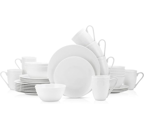 Stone lain Bone China Pinpoint Embossed 32 Piece Dinnerware Set, White