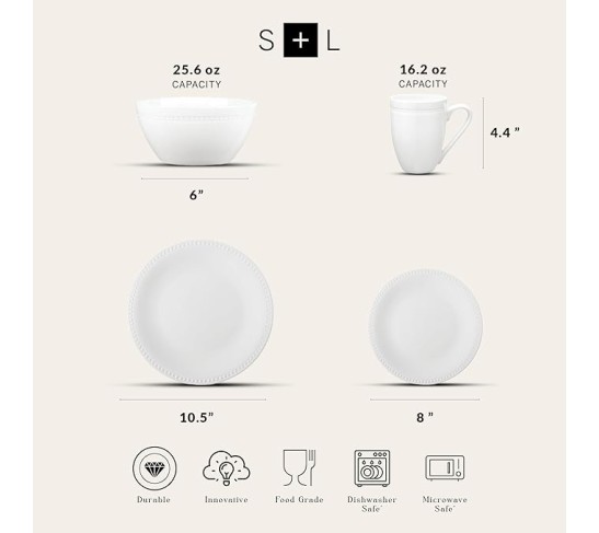 Stone lain Bone China Pinpoint Embossed 32 Piece Dinnerware Set, White