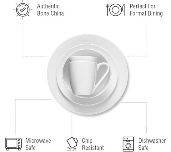 Stone lain Bone China Pinpoint Embossed 32 Piece Dinnerware Set, White