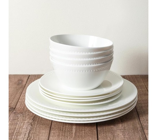 Stone lain Bone China Pinpoint Embossed 32 Piece Dinnerware Set, White
