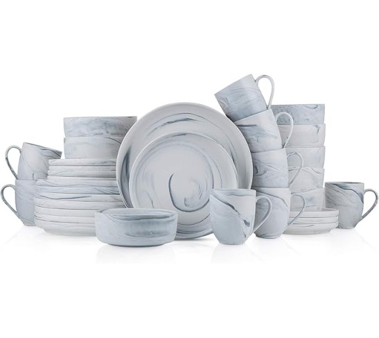 Marble Porcelain Dinnerware Set, 32 Piece Service for 8, Matte Gray