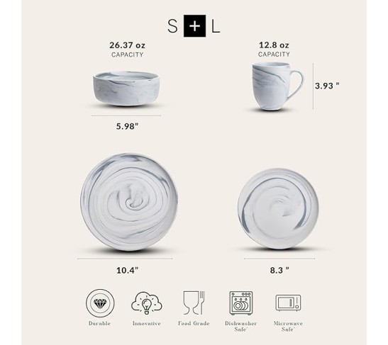 Marble Porcelain Dinnerware Set, 32 Piece Service for 8, Matte Gray