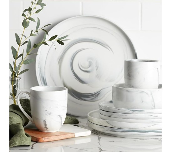 Marble Porcelain Dinnerware Set, 32 Piece Service for 8, Matte Gray