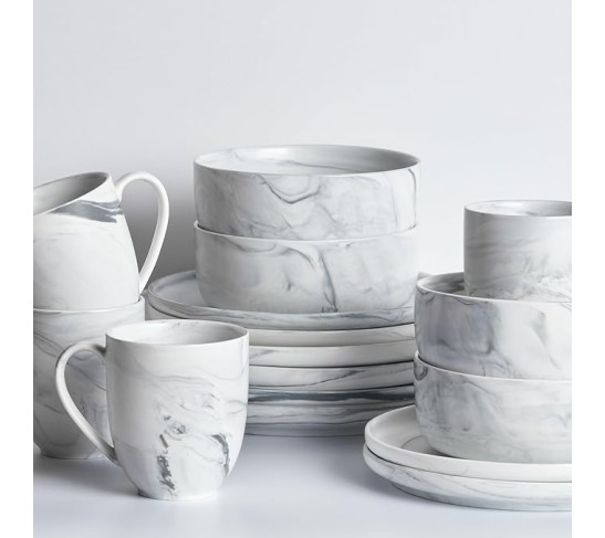 Marble Porcelain Dinnerware Set, 32 Piece Service for 8, Matte Gray