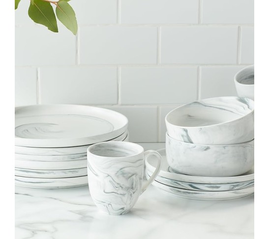 Marble Porcelain Dinnerware Set, 32 Piece Service for 8, Matte Gray