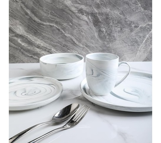 Marble Porcelain Dinnerware Set, 32 Piece Service for 8, Matte Gray