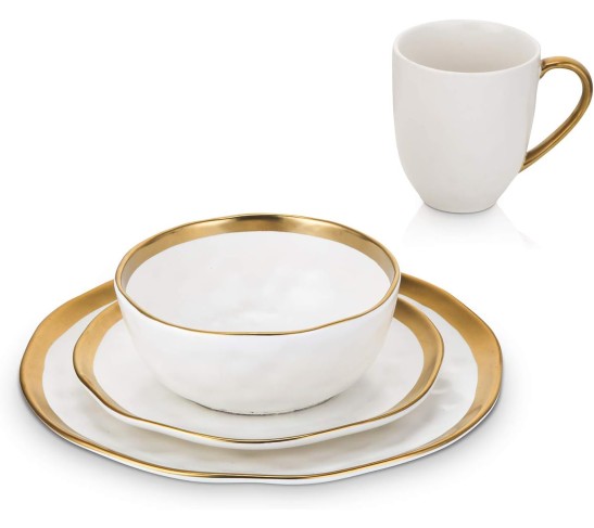 Modern Poreclain 16 Piece Dinnerware Set, Plates and Bowls Set, Dish set for 4, White And Golden Rim