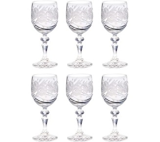 Wine Goblet - Crystal - Glasses - Set of 6 - Red or White Wine Glass - Beautifully Hand Cut - Flower Design - 6 oz. - European Quality Made in Europe