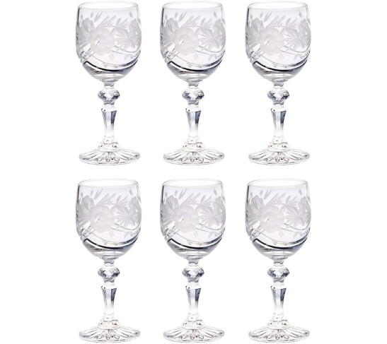 Wine Goblet - Crystal - Glasses - Set of 6 - Red or White Wine Glass - Beautifully Hand Cut - Flower Design - 6 oz. - European Quality Made in Europe