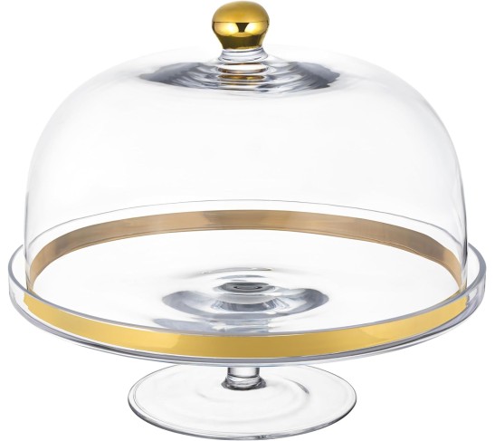 Glass - Cake Stand - and - Dome - with - Gold Rim - and - Gold Knob - for - Cake - Fruit - Cheese - 11.75" Diameter - Made in Europe - by 