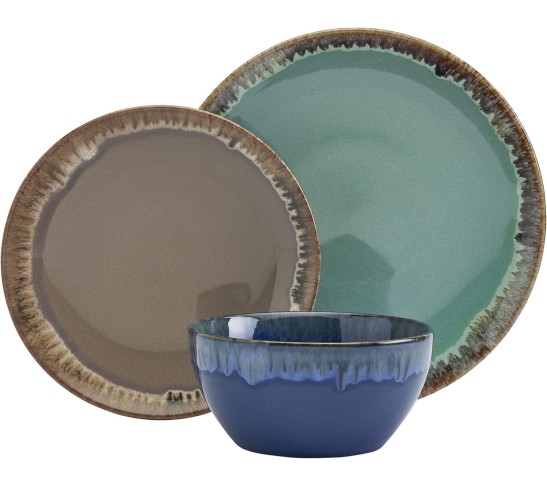 Tabletops Gallery Tuscan Reactive Glaze Stoneware- Dining Entertainment Plate Bowl Ceramic, 12 Piece Tuscan Dinnerware Set (Blue, Green, and Brown)