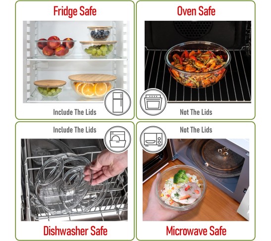 Glass Mixing Bowls - Nesting Bowls - Cute Collapsible Glass Bowls with Lids Food Storage - 5 Stackable Microwave Safe Glass Containers - Salad Bamboo Mixing Bowls - Baking Bowls for Kitchen