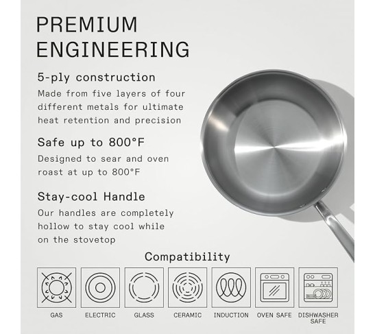 Cookware - 3 Quart Stainless Steel Saucier Pan - 5 Ply Stainless Clad - Professional Cookware - Crafted in Italy - Induction Compatible