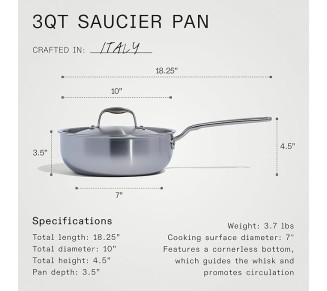 Cookware - 3 Quart Stainless Steel Saucier Pan - 5 Ply Stainless Clad - Professional Cookware - Crafted in Italy - Induction Compatible