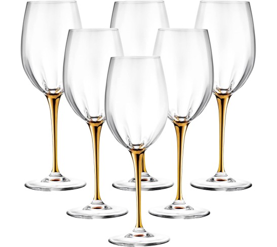 Goblet - White Wine Glass -Crystal Glass - Water Glass - Shiny Gold Stem - Stemmed Glasses - Set of 6 Goblets - 14 oz Made in Europe