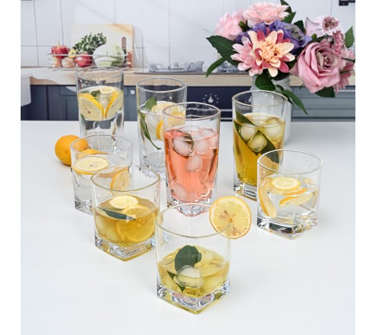 Collins Everyday Drinking Glasses Set of 16 Drinkware Kitchen Glasses for Cocktail, Iced Coffee, Beer, Ice Tea, Wine, Whiskey, Water, 8 Tall Highball Glass Cups & 8 Short Old Fashioned