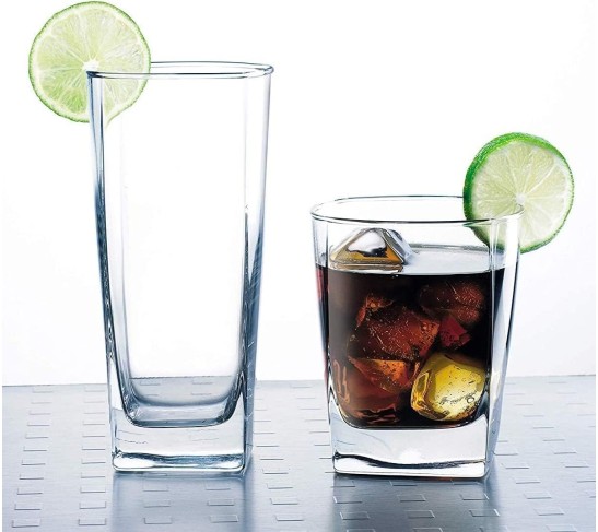 Collins Everyday Drinking Glasses Set of 16 Drinkware Kitchen Glasses for Cocktail, Iced Coffee, Beer, Ice Tea, Wine, Whiskey, Water, 8 Tall Highball Glass Cups & 8 Short Old Fashioned