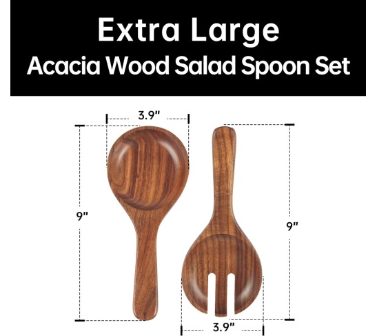 Large Elegant Oval Acacia Wooden Salad Bowl Set with Wooden Salad Serving Utensils - Big Capacity, Stylish and Practical, Essential for Every Kitchen