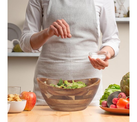 Large Elegant Oval Acacia Wooden Salad Bowl Set with Wooden Salad Serving Utensils - Big Capacity, Stylish and Practical, Essential for Every Kitchen