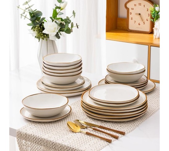 Ceramic Dinnerware Sets,Handmade Reactive Glaze Plates and Bowls Sets,Highly Chip and Crack Resistant | Dishwasher & Microwave Safe Dishes Set,Service for 8 (24pc)