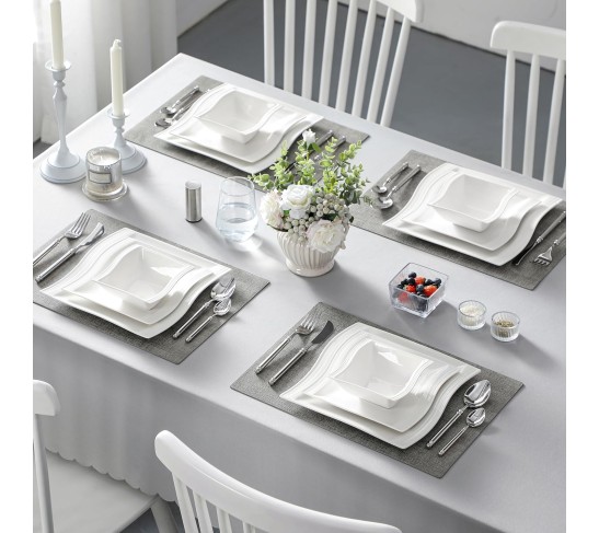 Plates and Bowls Sets, 12-Piece Ivory White Square Dinnerware Sets for 4, Porcelain Dish Set with Dinner Plates, Dessert Plates and Bowls, Kitchen Plate Bowl Set, Series Flora