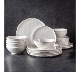 Ceramic Dinnerware Sets for 8,Porcelain Plates and Bowls Sets with Wavy Edge,Microwave & Dishwasher & Oven Safe,Light Weight & Scratch Resistant Dishes Sets-Service for 8 (24pcs)-White