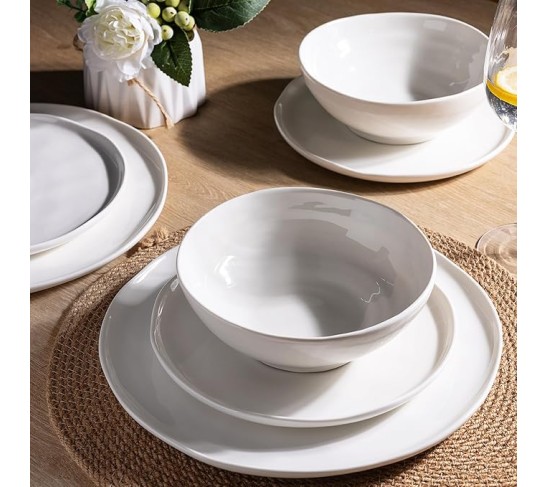 Ceramic Dinnerware Sets for 8,Porcelain Plates and Bowls Sets with Wavy Edge,Microwave & Dishwasher & Oven Safe,Light Weight & Scratch Resistant Dishes Sets-Service for 8 (24pcs)-White