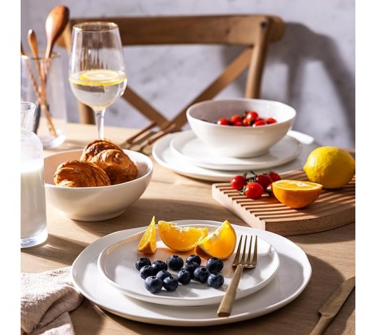 Ceramic Dinnerware Sets for 8,Porcelain Plates and Bowls Sets with Wavy Edge,Microwave & Dishwasher & Oven Safe,Light Weight & Scratch Resistant Dishes Sets-Service for 8 (24pcs)-White