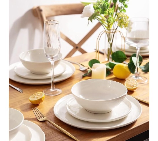 Ceramic Dinnerware Sets for 8,Porcelain Plates and Bowls Sets with Wavy Edge,Microwave & Dishwasher & Oven Safe,Light Weight & Scratch Resistant Dishes Sets-Service for 8 (24pcs)-White
