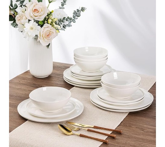 Ceramic Dinnerware Sets for 8,Porcelain Plates and Bowls Sets with Wavy Edge,Microwave & Dishwasher & Oven Safe,Light Weight & Scratch Resistant Dishes Sets-Service for 8 (24pcs)-White