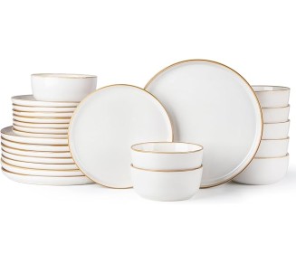 Ceramic Dinnerware Sets for 8, 24 Pieces Stoneware Plates and Bowls Sets, Scratch Resistant Dishes, Dishwasher & Microwave Safe, Reactive Glaze-Pearl White