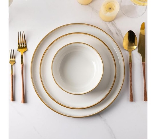 Ceramic Dinnerware Sets for 8, 24 Pieces Stoneware Plates and Bowls Sets, Scratch Resistant Dishes, Dishwasher & Microwave Safe, Reactive Glaze-Pearl White