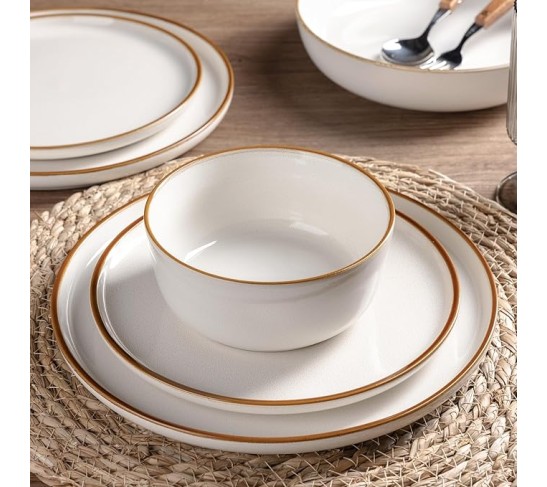 Ceramic Dinnerware Sets for 8, 24 Pieces Stoneware Plates and Bowls Sets, Scratch Resistant Dishes, Dishwasher & Microwave Safe, Reactive Glaze-Pearl White