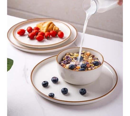 Ceramic Dinnerware Sets for 8, 24 Pieces Stoneware Plates and Bowls Sets, Scratch Resistant Dishes, Dishwasher & Microwave Safe, Reactive Glaze-Pearl White