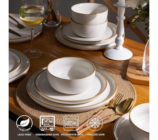 Ceramic Dinnerware Sets for 8, 24 Pieces Stoneware Plates and Bowls Sets, Scratch Resistant Dishes, Dishwasher & Microwave Safe, Reactive Glaze-Pearl White