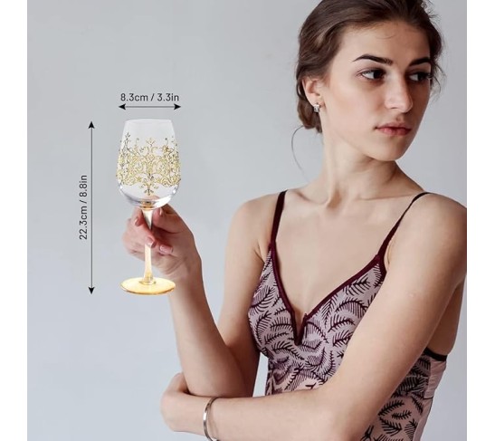 Artisan-Painted Crystal Wine Glass with Golden Crown Design, 15 oz Colorful Glass Ideal for Personalized Gifts for Birthdays and Weddings (Gold)