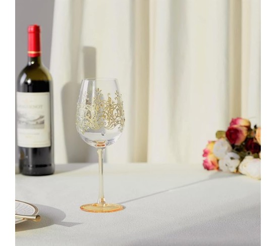 Artisan-Painted Crystal Wine Glass with Golden Crown Design, 15 oz Colorful Glass Ideal for Personalized Gifts for Birthdays and Weddings (Gold)