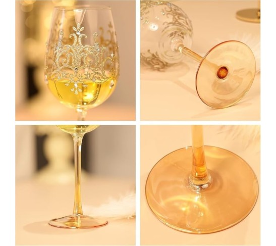 Artisan-Painted Crystal Wine Glass with Golden Crown Design, 15 oz Colorful Glass Ideal for Personalized Gifts for Birthdays and Weddings (Gold)