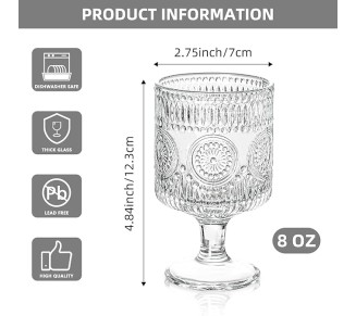 Romantic Vintage Goblet Glasses Set of 3, 8oz Floral Embossed Cocktail Glasses for Parties, Bars, Restaurants, Special Dinners (Set of 3)