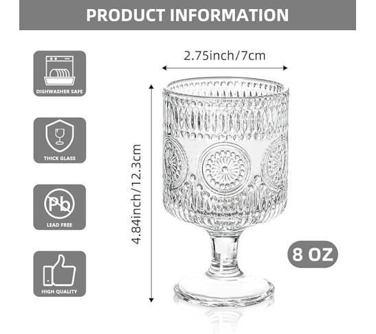 Romantic Vintage Goblet Glasses Set of 3, 8oz Floral Embossed Cocktail Glasses for Parties, Bars, Restaurants, Special Dinners (Set of 3)