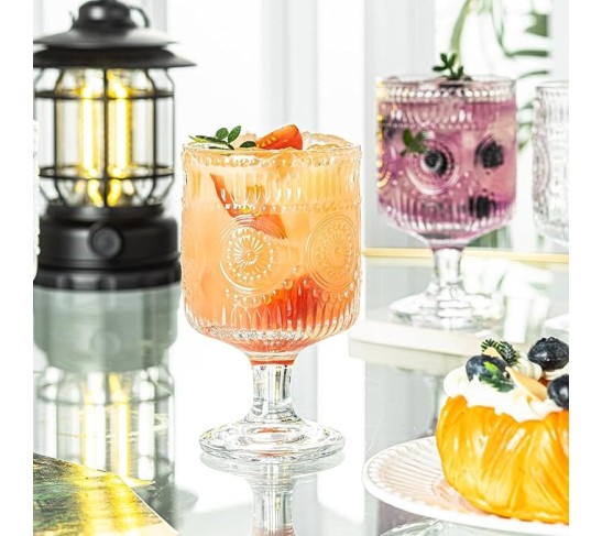 Romantic Vintage Goblet Glasses Set of 3, 8oz Floral Embossed Cocktail Glasses for Parties, Bars, Restaurants, Special Dinners (Set of 3)