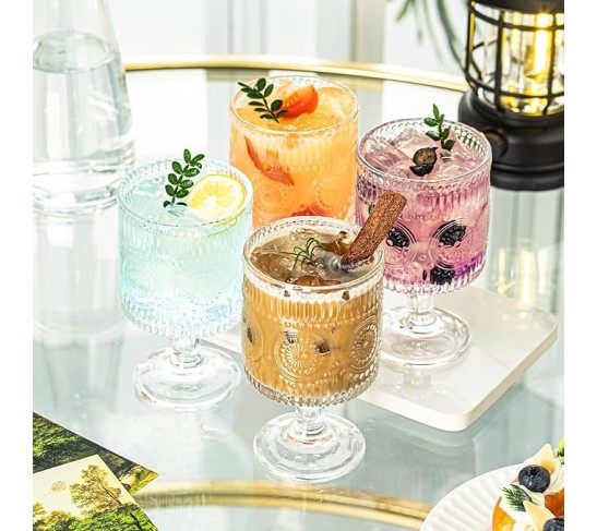Romantic Vintage Goblet Glasses Set of 3, 8oz Floral Embossed Cocktail Glasses for Parties, Bars, Restaurants, Special Dinners (Set of 3)